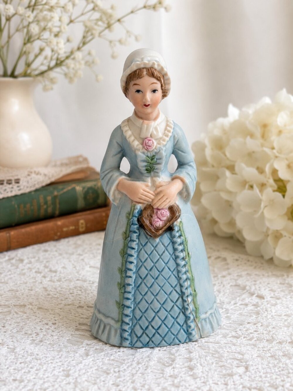 Vintage Ceramic Lady Figurine Bell Blue Dress Victorian Colonial Cottagecore